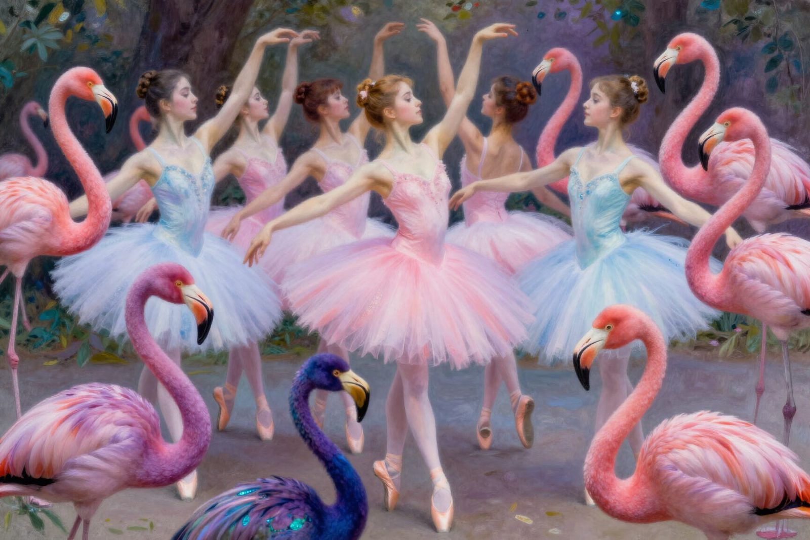 Ballerinas and Amethyst Flamingos in Degas Style