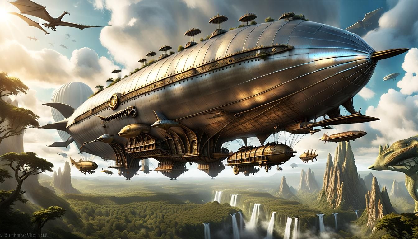 Surreal Steampunk Airship Soars Over Prehistoric Landscape