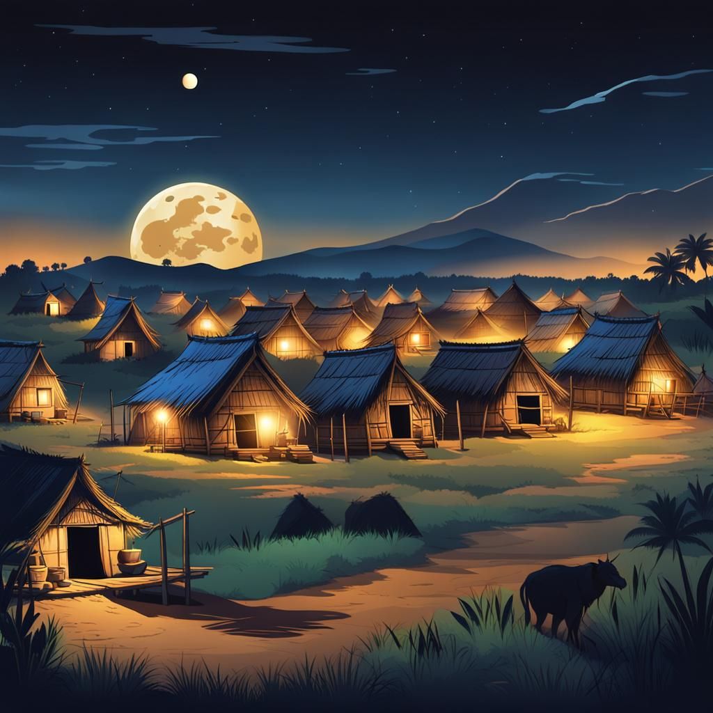 Moonlit Indian Village at Night