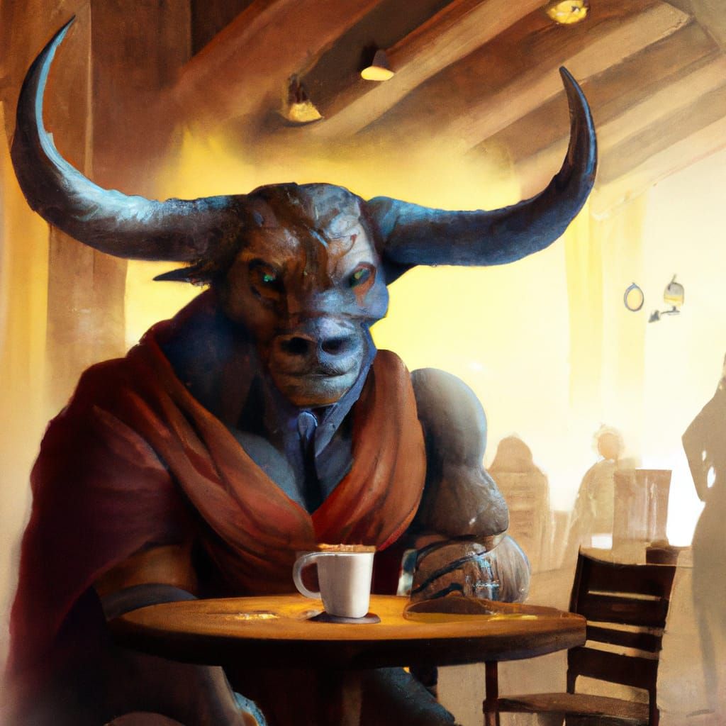 Minotaur Enjoying Coffee in Cafe, Photoillustration
