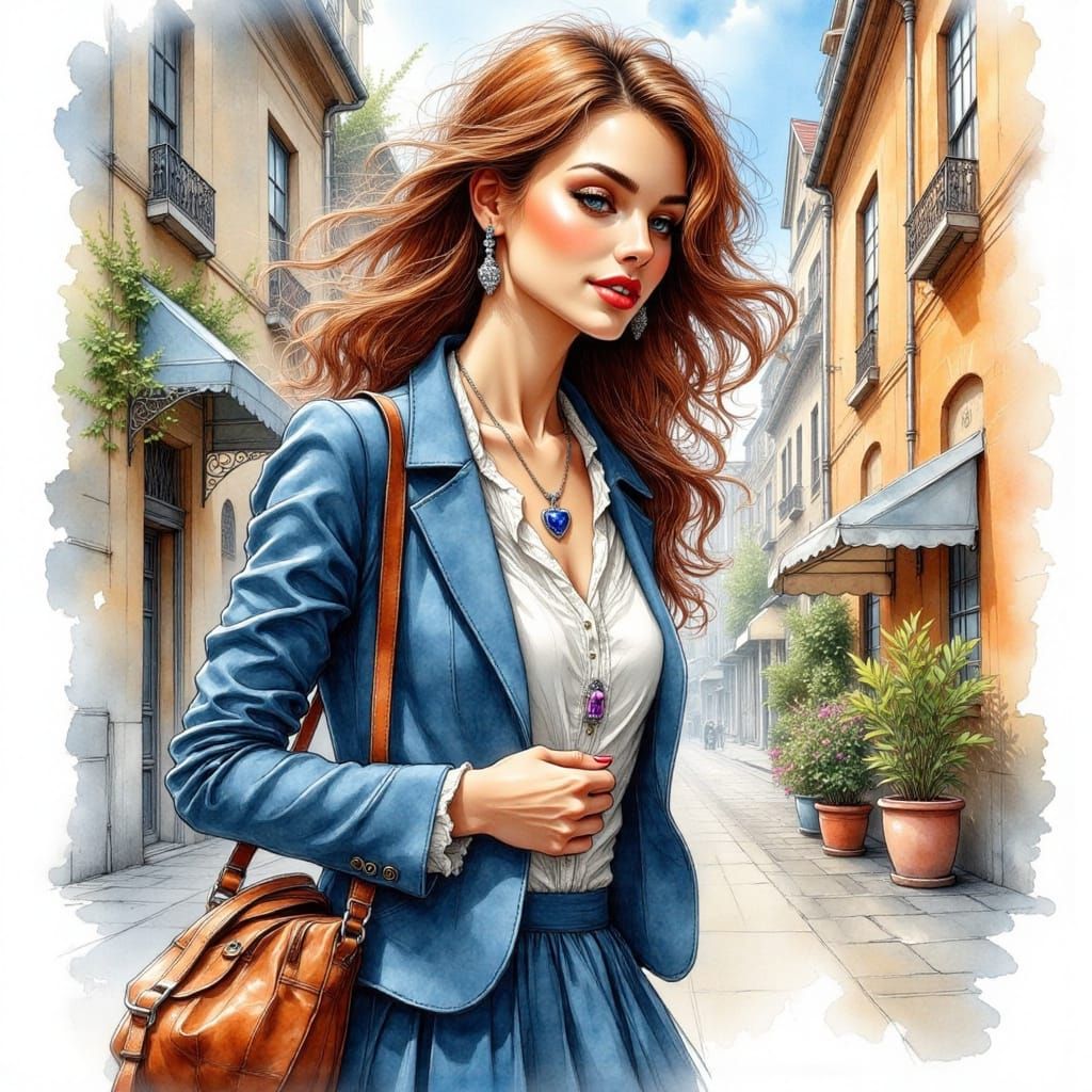 Elegant Young Woman Enters Office Building for Job Interview...