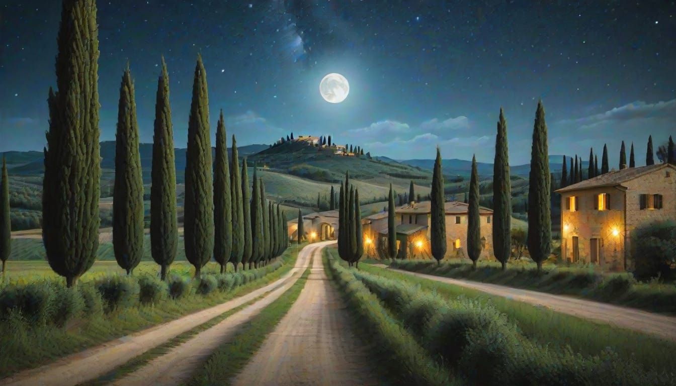 Moonlit Tuscan Countryside in Nighttime