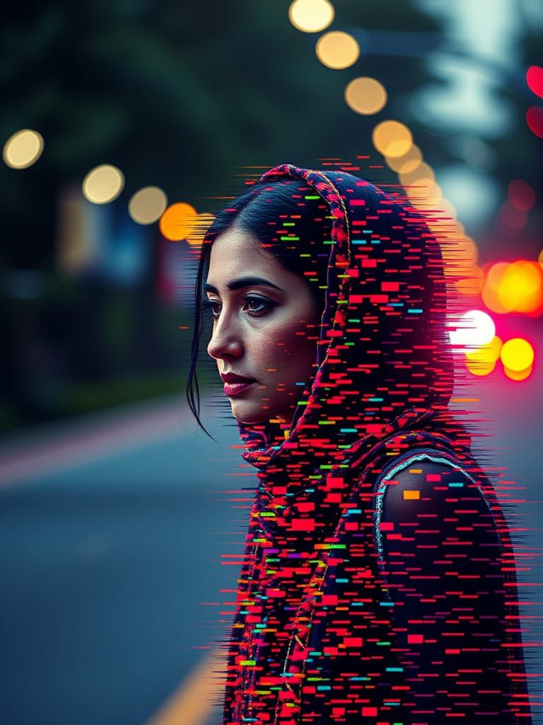 Egyptian Woman Dissolving in Pixelated Cyberpunk Cascade