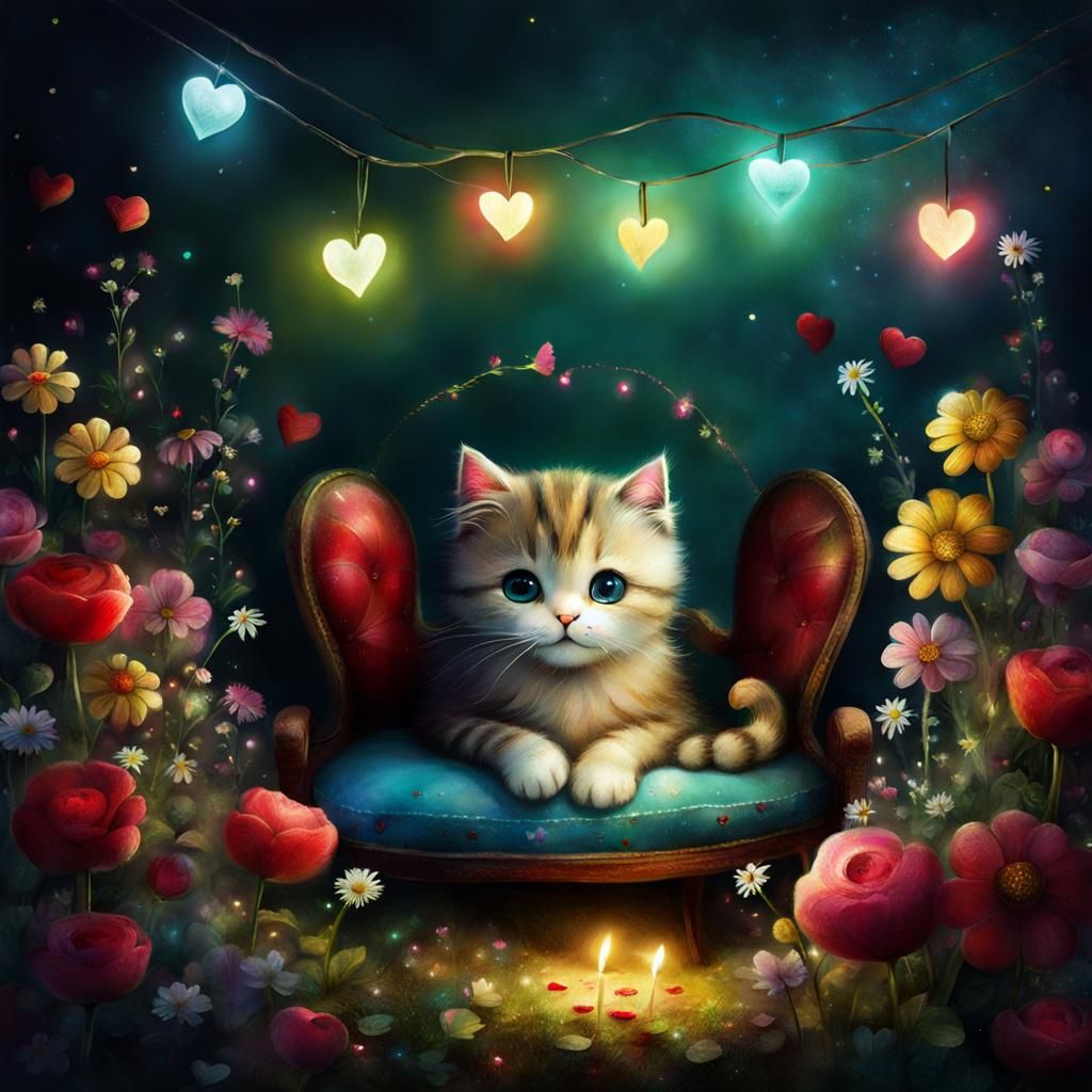 Whimsical Cat Surrounded by Flowers in Digital Art