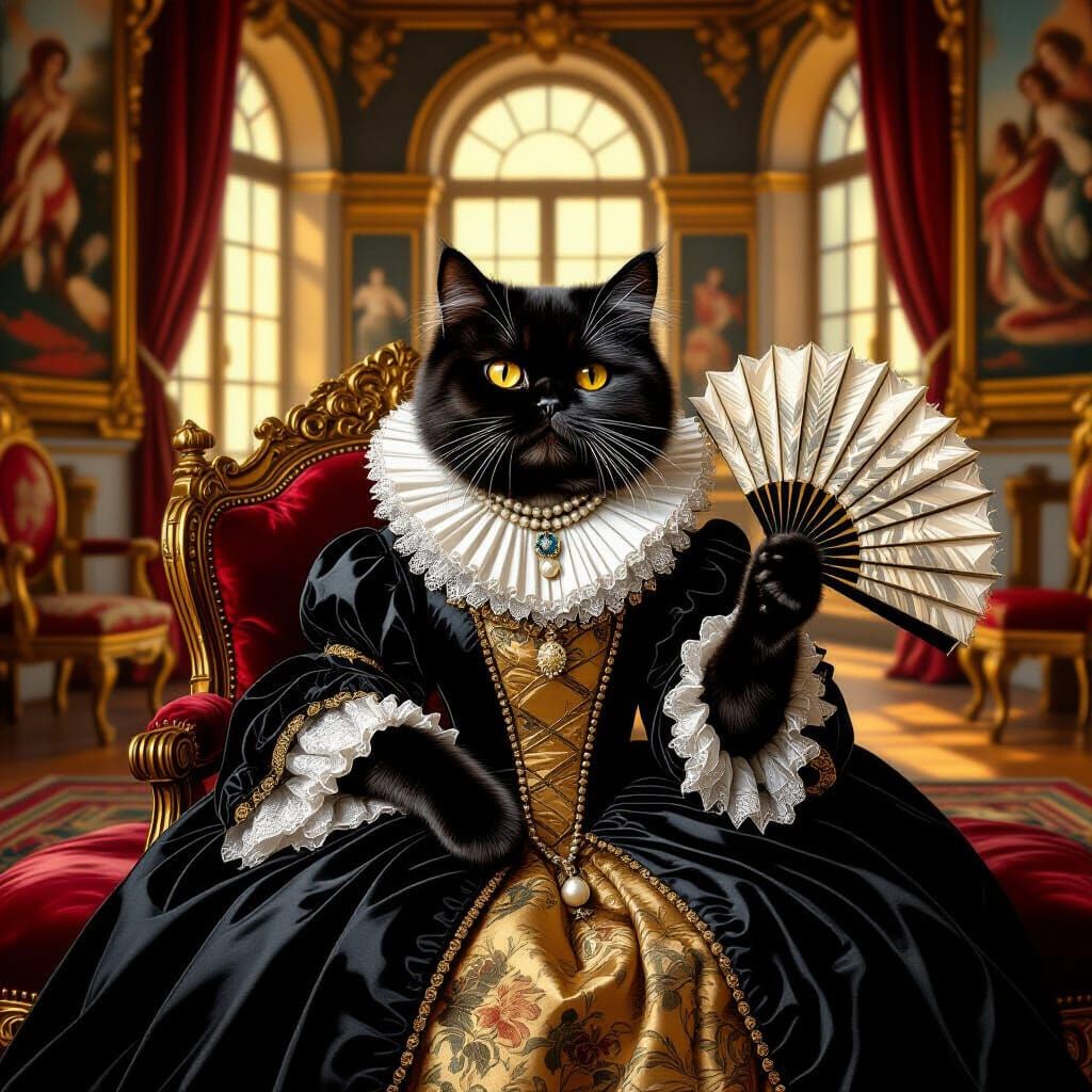 Black Persian Cat in Renaissance Gown, Classic Portrait