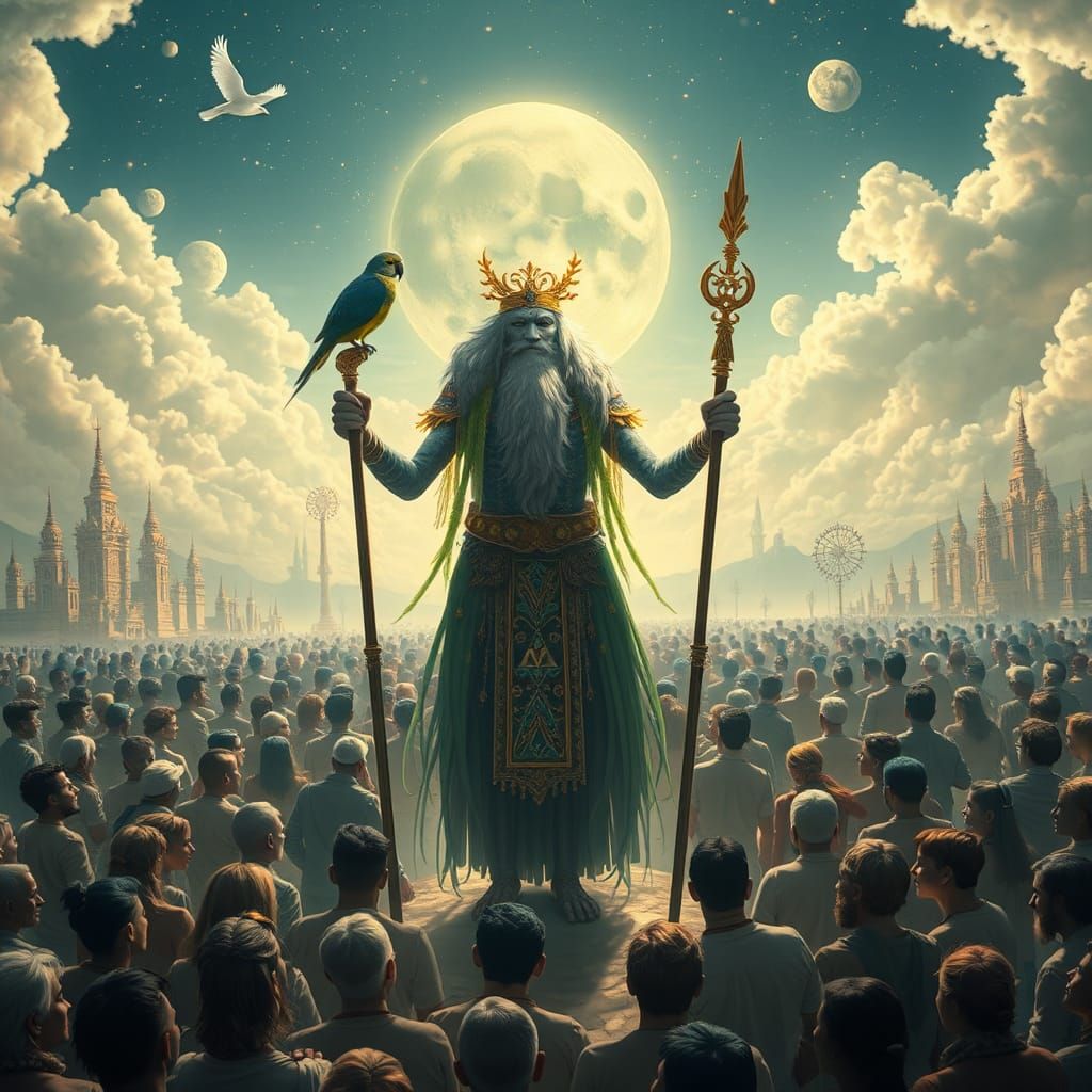 Dreamlike Scene with Leopard Shaman and Cities of Light