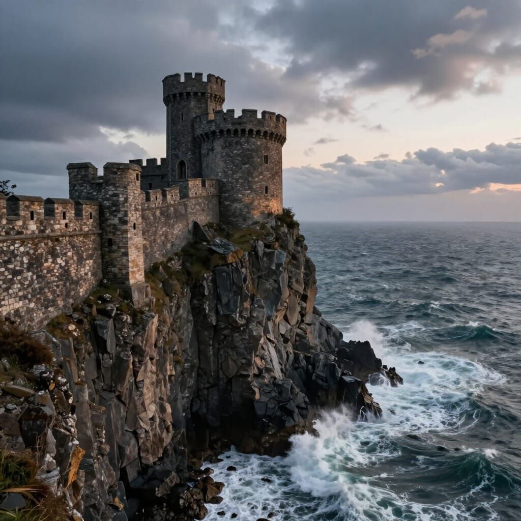 Detailed Stone Castle on Cliff Overlooking Turbulent Ocean