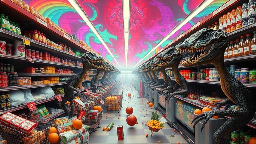 Surreal Grocery Store Food Fight as Symbolic Art