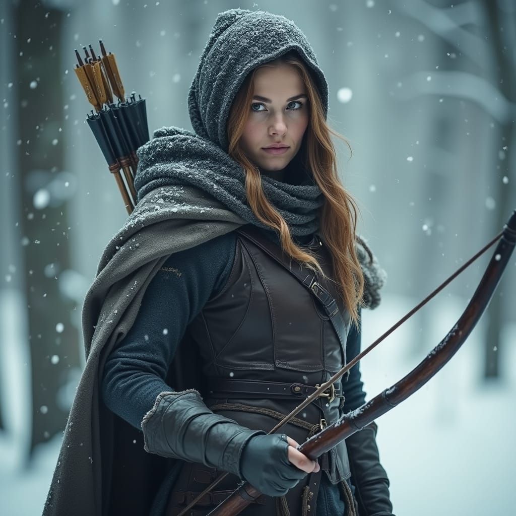 Winter Huntress in Snow Forest: Hyperrealistic Scene