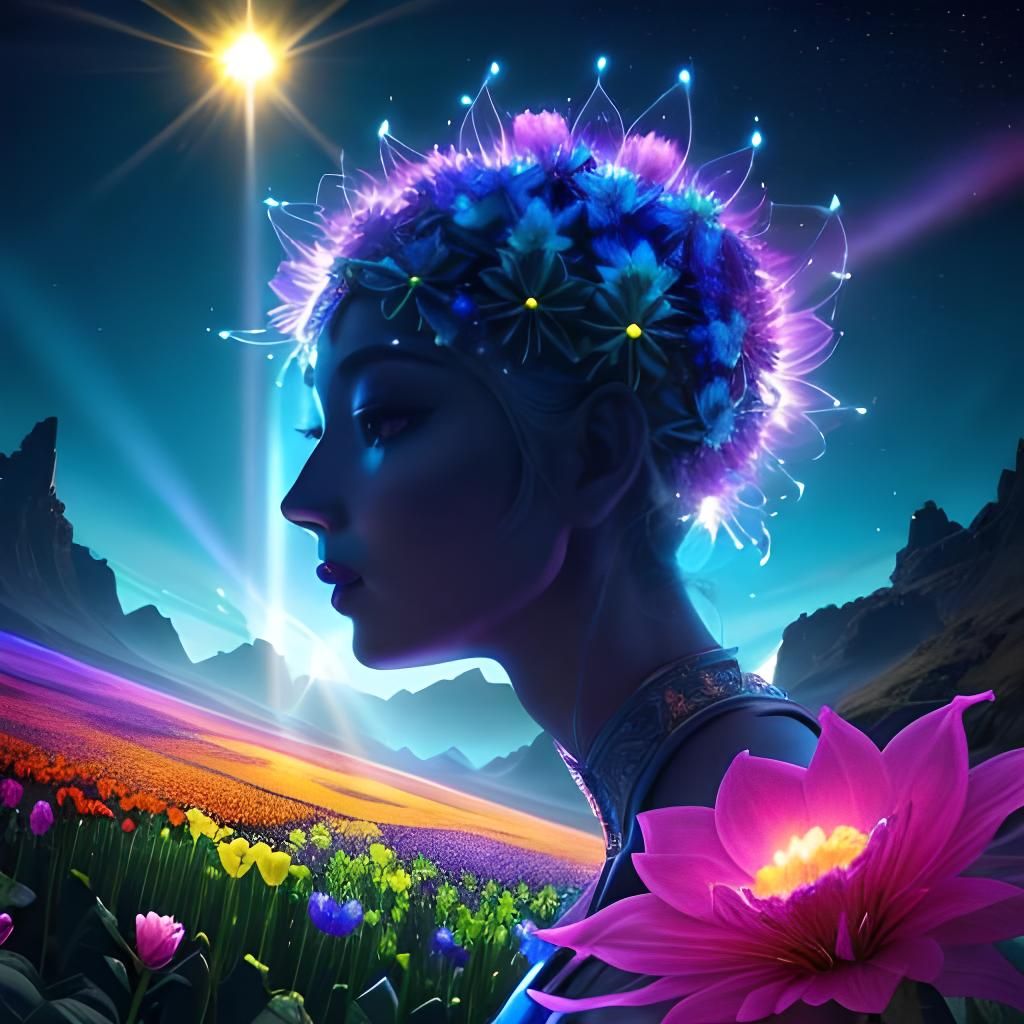 Bioluminescent Flowers on Alien World in Bright Sunlight