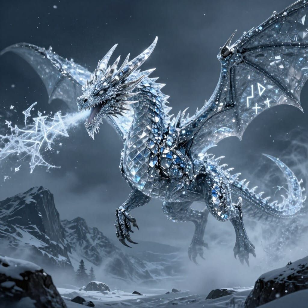 Majestic Ice Dragon Soaring Through Nordic Mountains