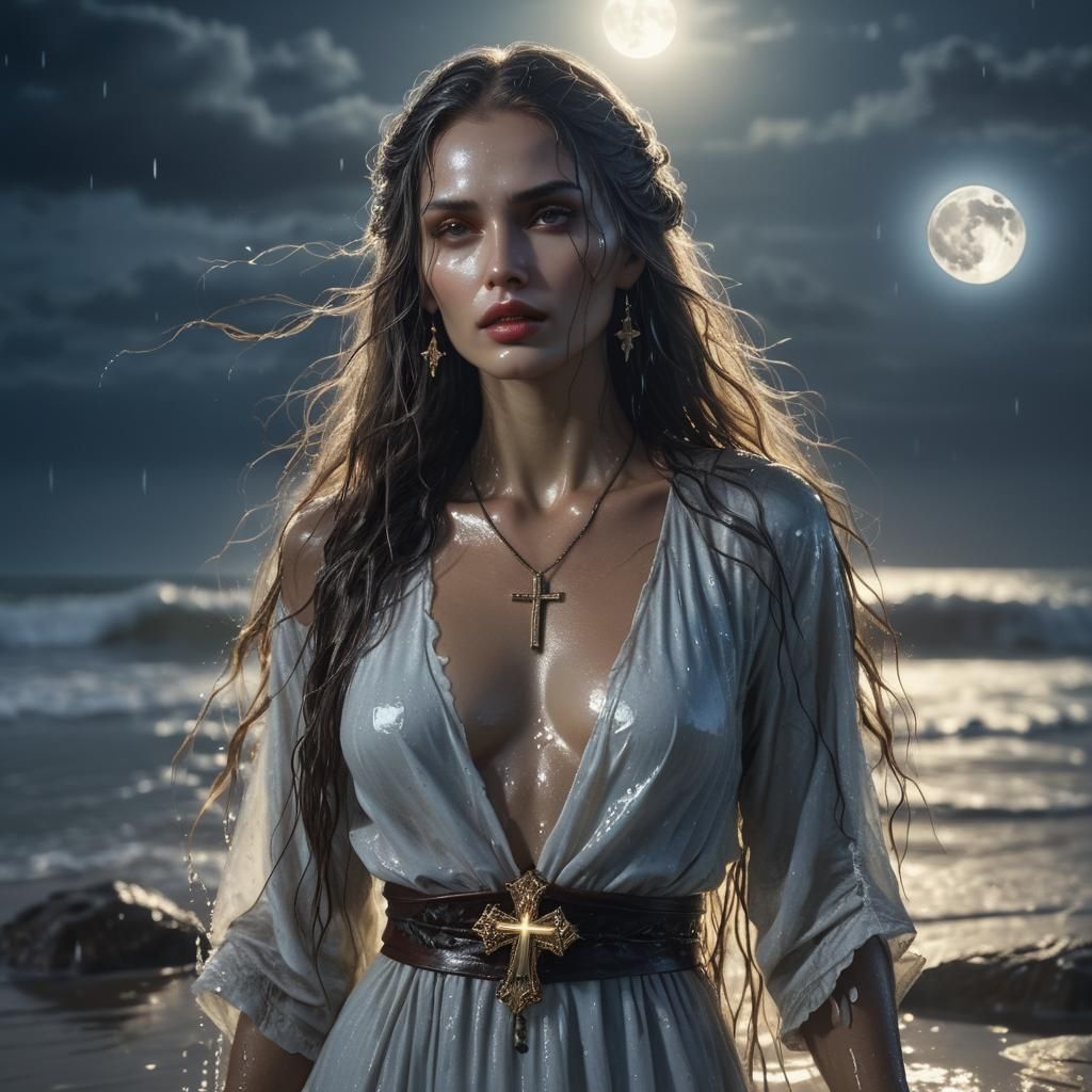 Hyperrealistic Woman on Beach with Full Moon