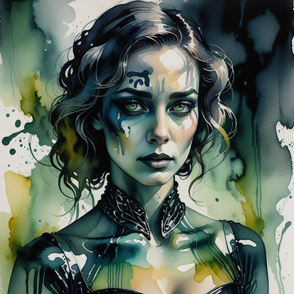 Eerie Surreal Portrait with Ink Corset, Digital Watercolor