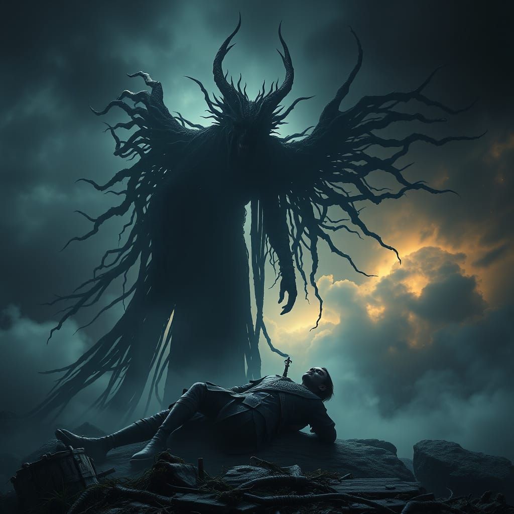Dark Figure Over Fallen Man in Cinematic Digital Art