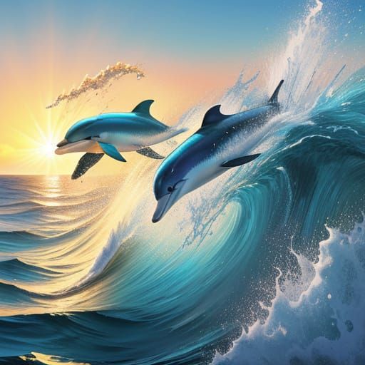 Dolphins in Vibrant Oceanic Splash Art