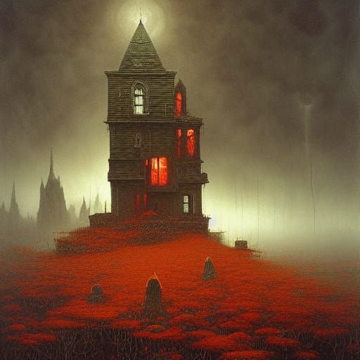 Beksinski-Inspired Haunted House in Autumn Night