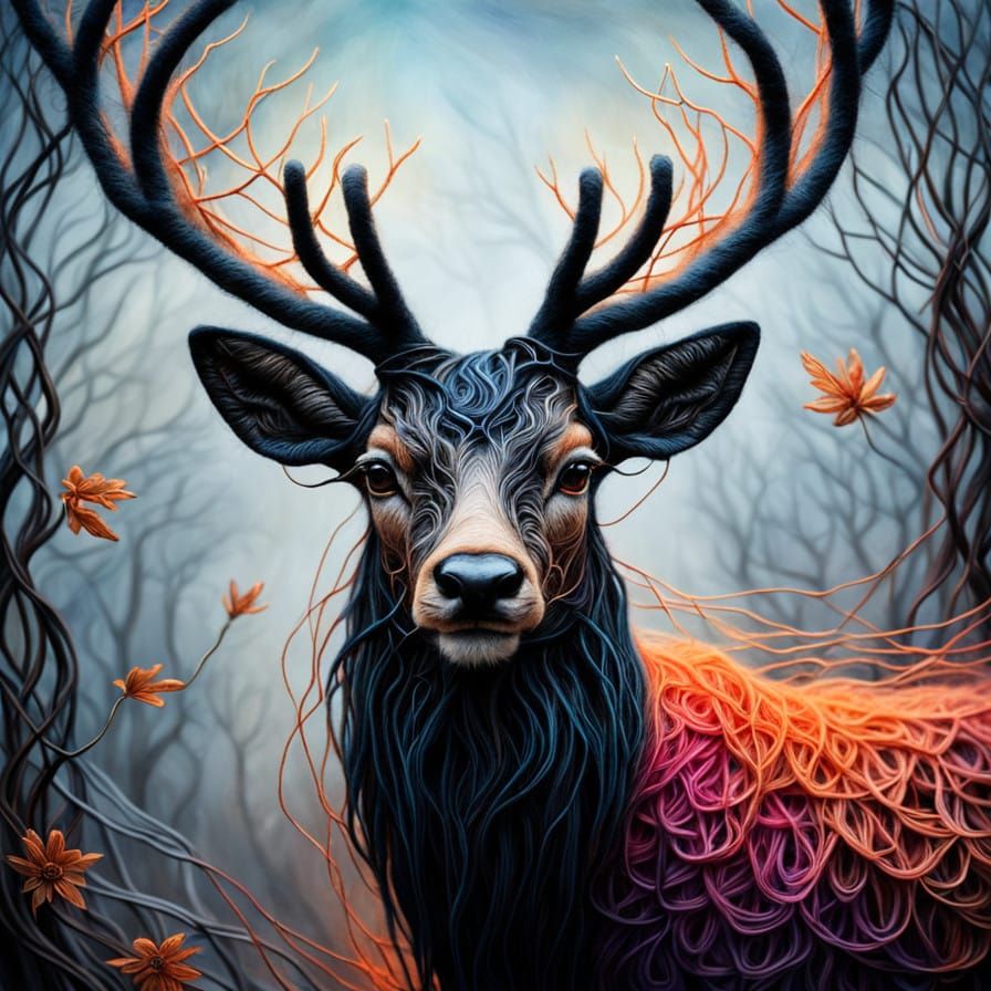 Ethereal Felted Wool Art of a Stag in Enchanted Webs