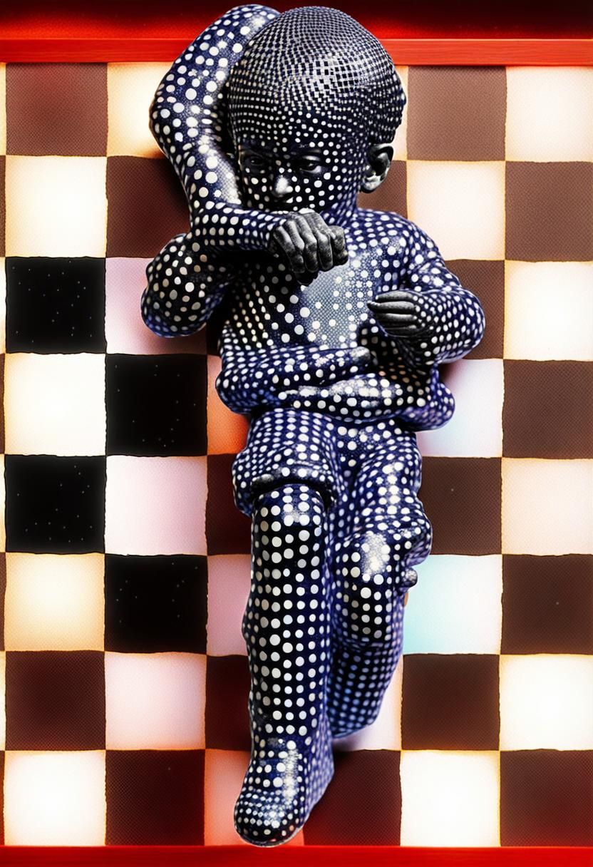 Psychedelic Angel Statue on Chessboard in Halftone