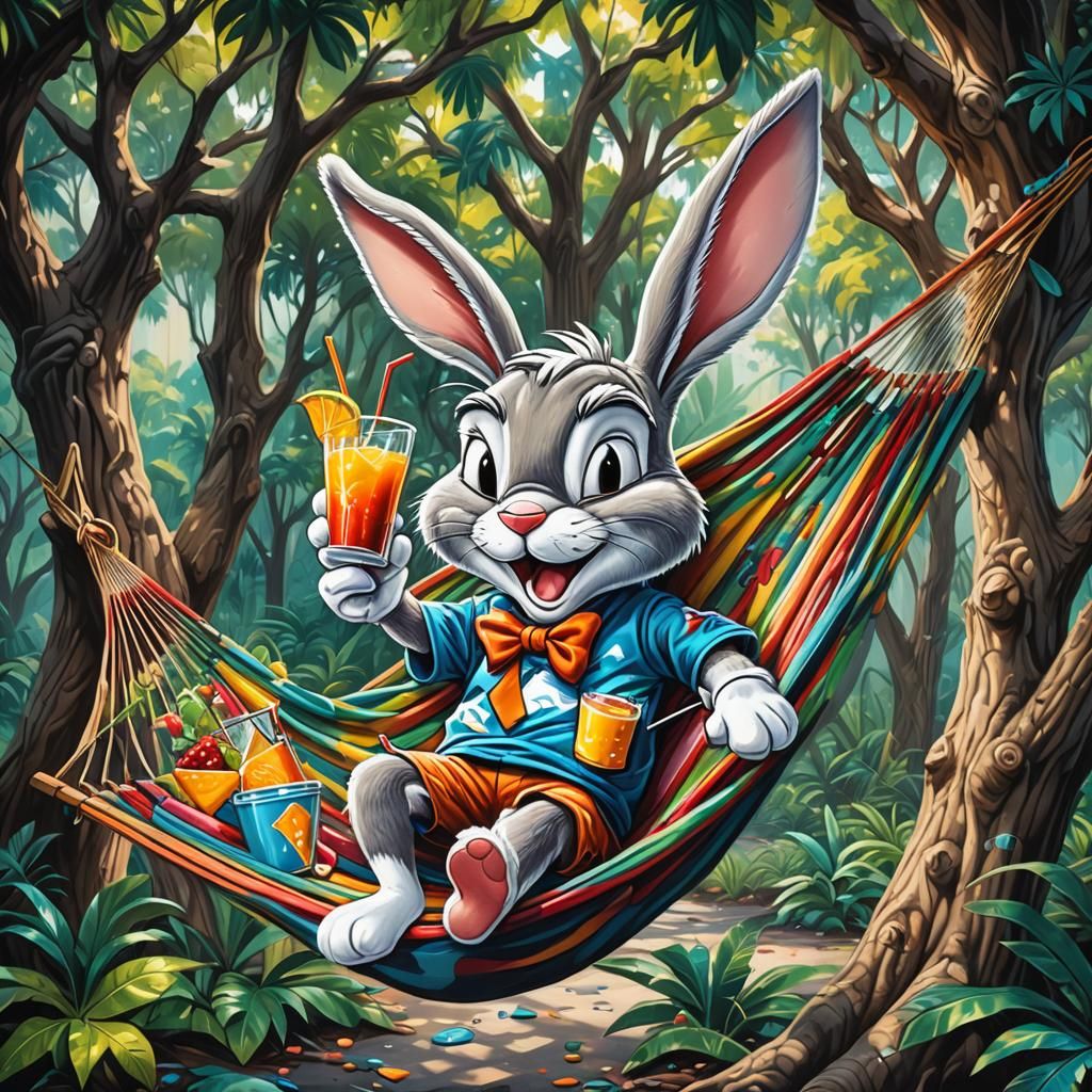 Bugs Bunny sipping a tropical drink in a hammock suspended between large oak trees