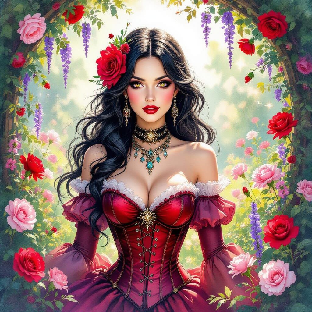 Steampunk Witch in Floral Garden, Watercolor Style