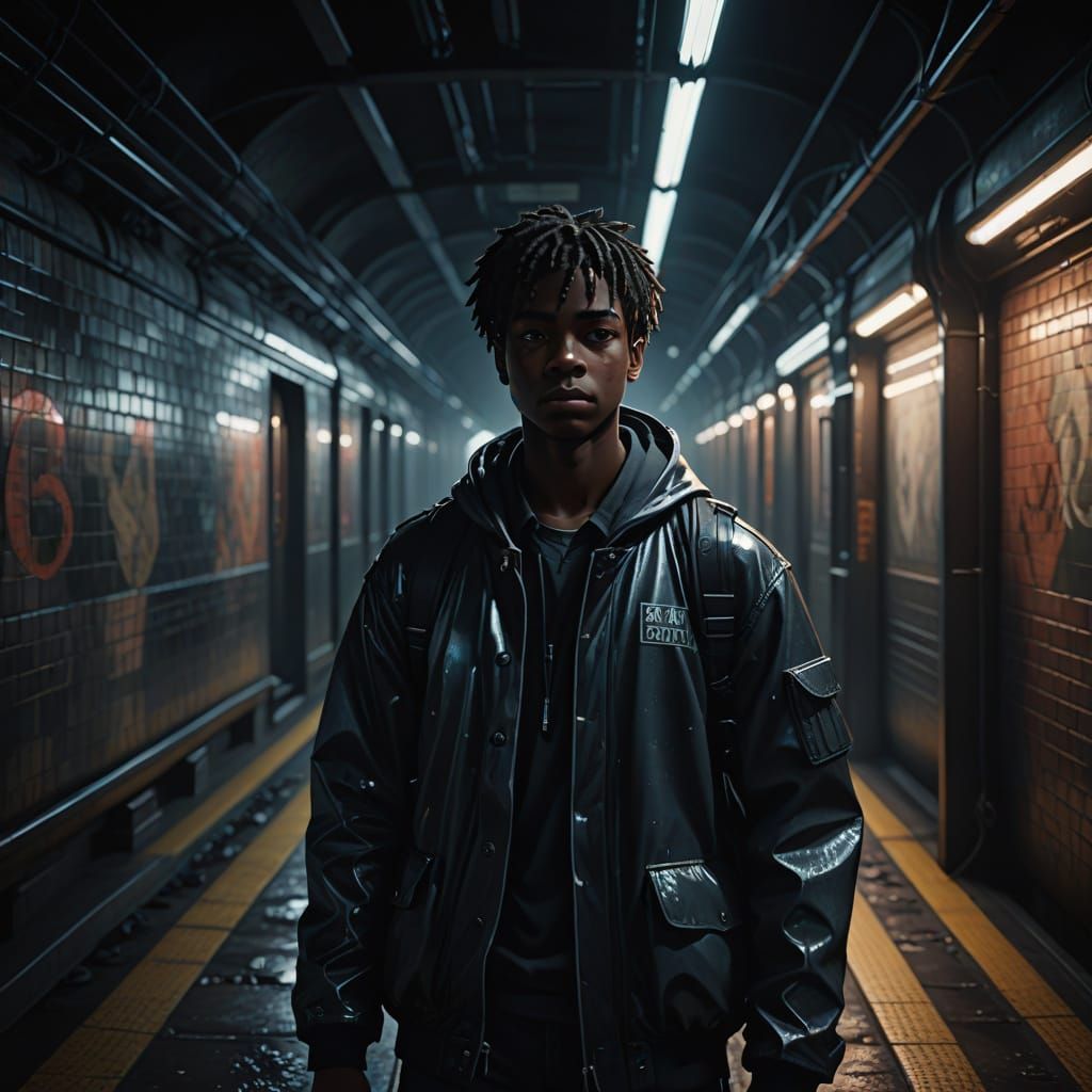 Cinematic 3D Anime Subway Scene with Neon Lights