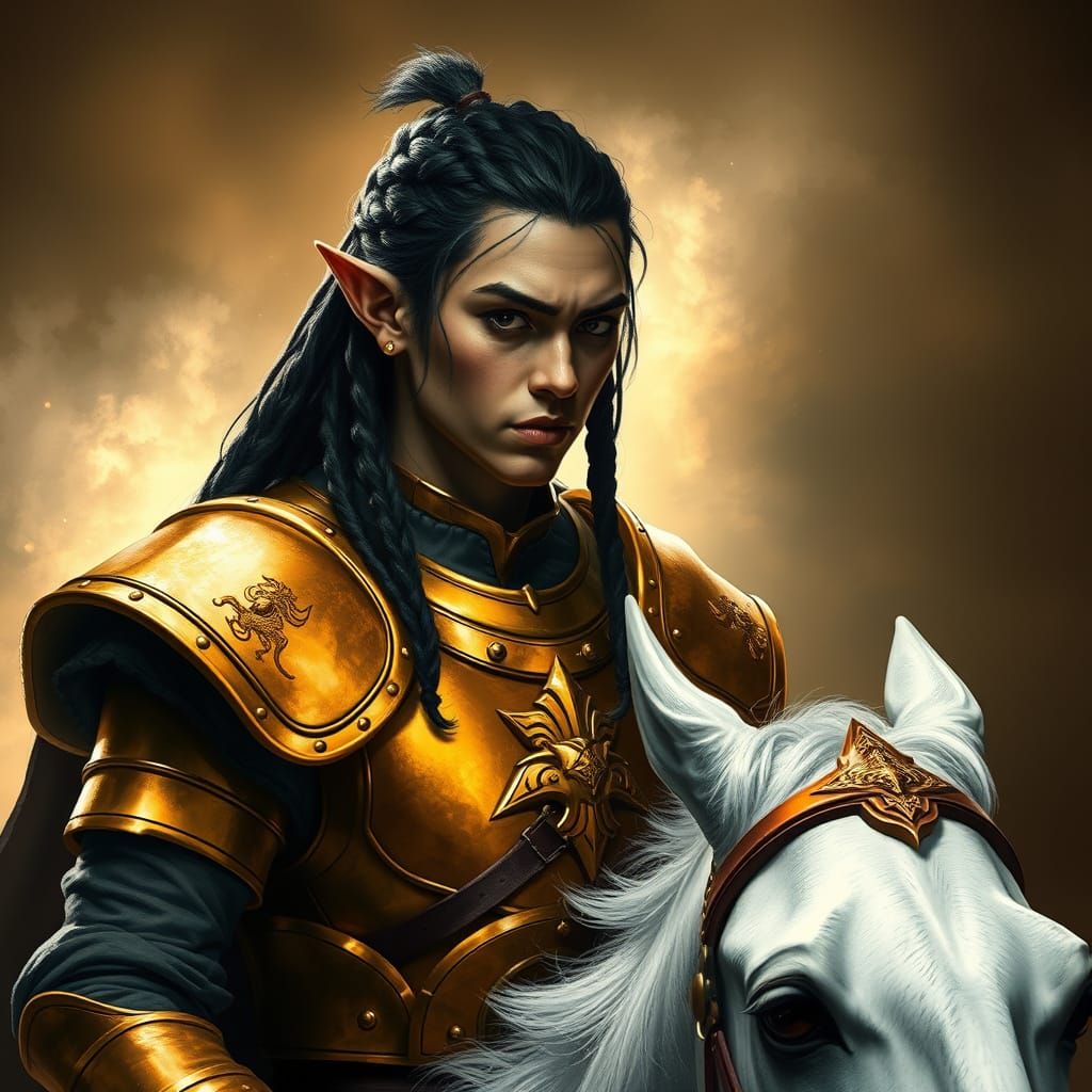 Elven War Prince on Horse in Retro-Futuristic Style