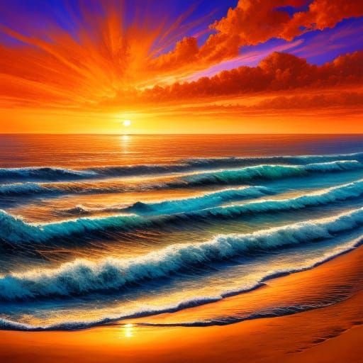 Sunset Over Deserted Beach with Fiery Sky