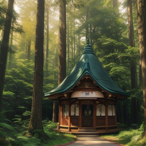 Whimsical Art Nouveau Landscape with Totoro at the Bus Stop ...