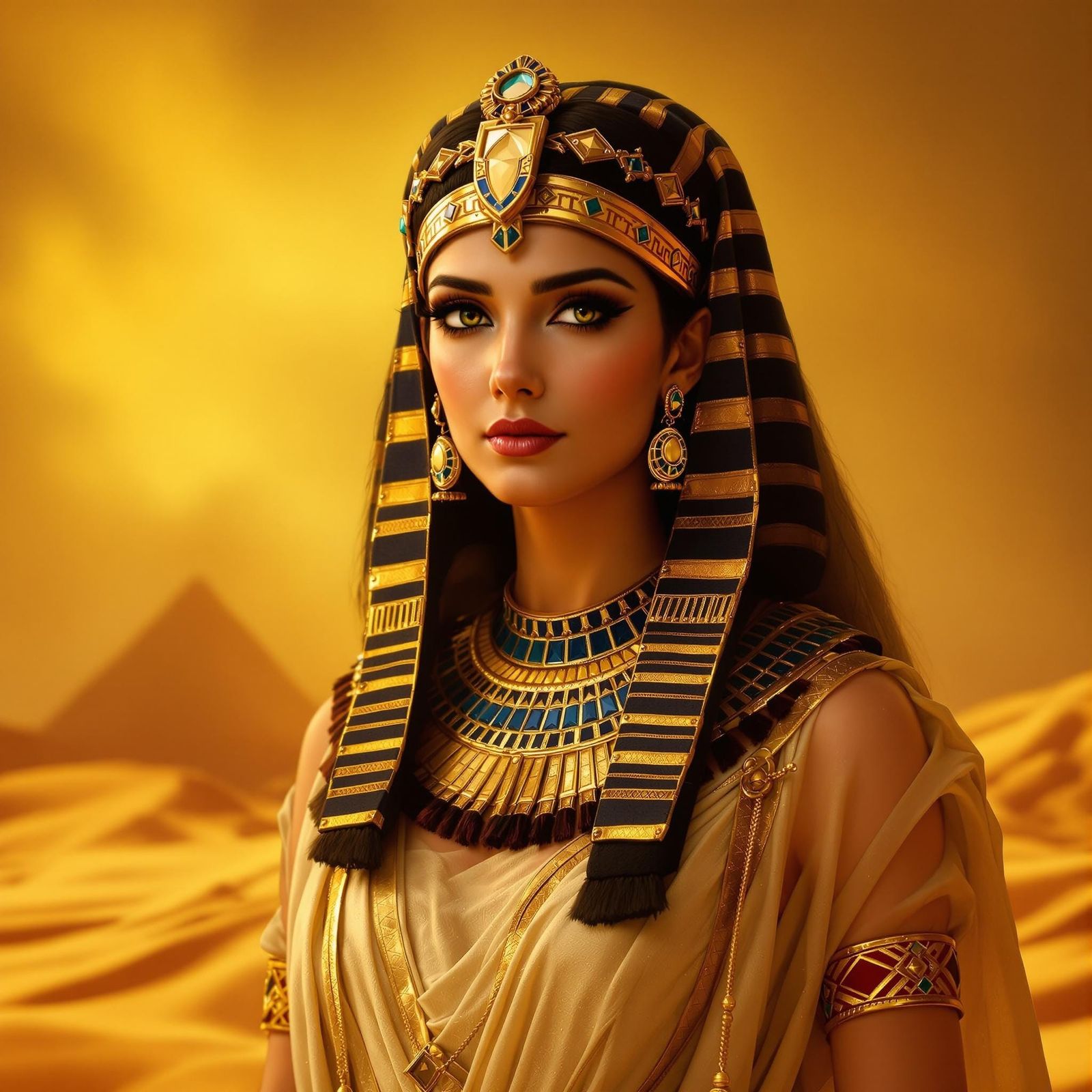 Ancient Egyptian Queen Cleopatra in Golden Desert Landscape