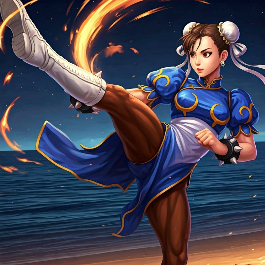 Chun-Li Kick Training on Night Beach in Anime Style