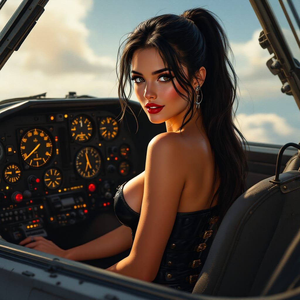 Confident Mechanic: Vintage Pin-Up in Jet Cockpit