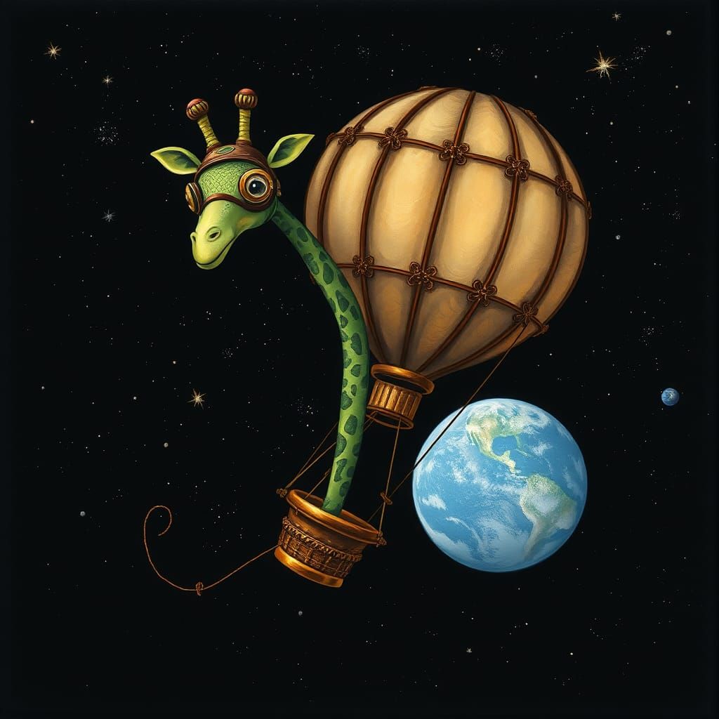 A green giraffe travels through space in a balloon from Eart...