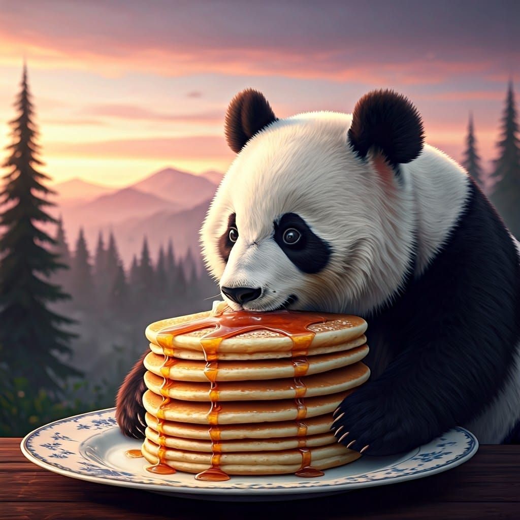 Golden Pancake Scene with Gentle Panda