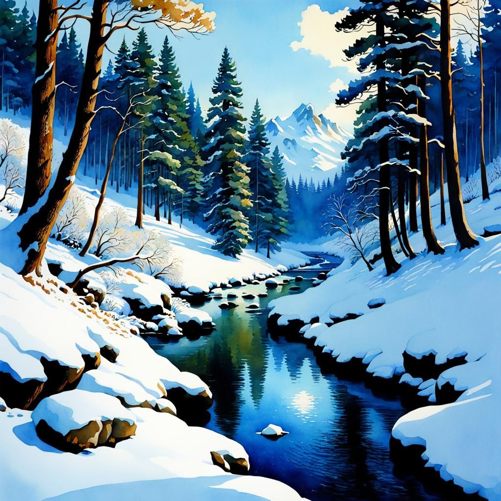 Winter Forest Stream in Parrish Anime Style