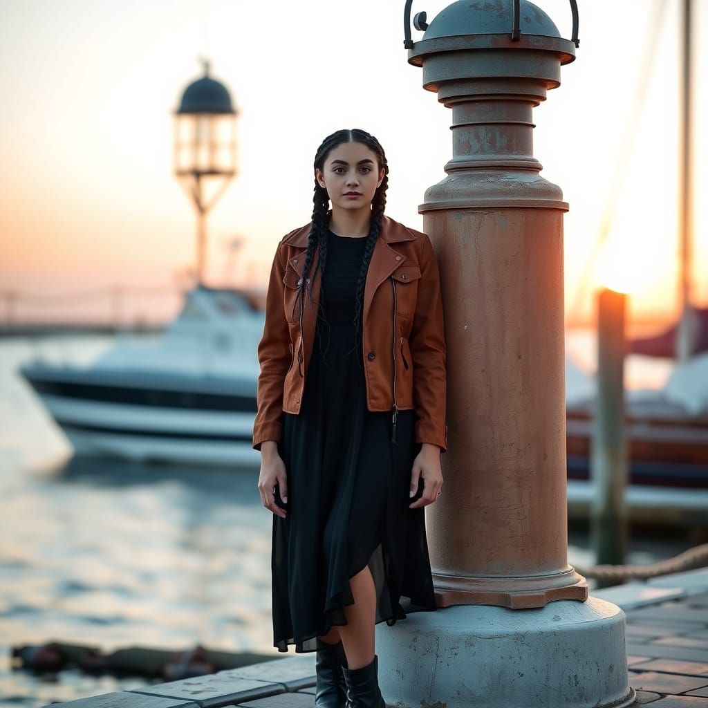 Woman in Black Dress at Sunset Harbor