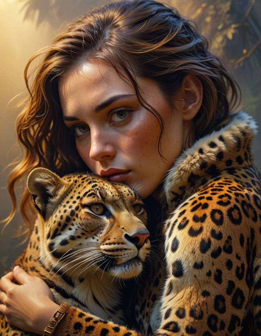 Girl with Leopard: Hyperrealistic Oil Painting