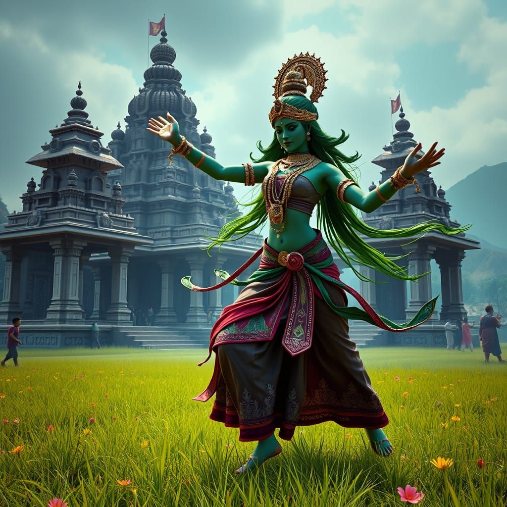 Surreal Green Tara Goddess in Khajuraho Temple Attire