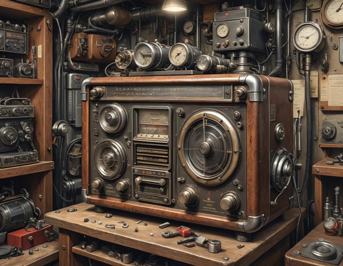 Vintage Dieselpunk Radio in Mechanic's Garage