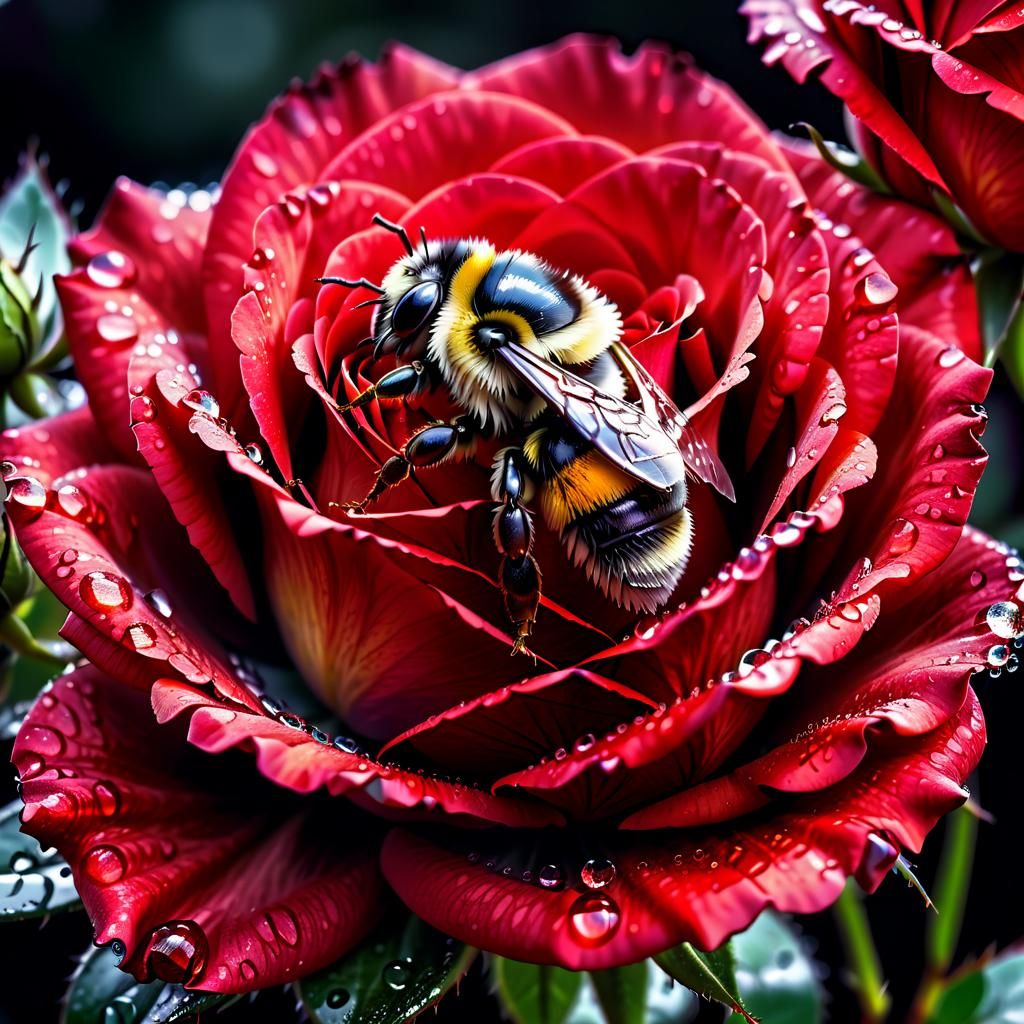 Bumblebee on Dew-Kissed Rose: Hyperrealistic Close-Up