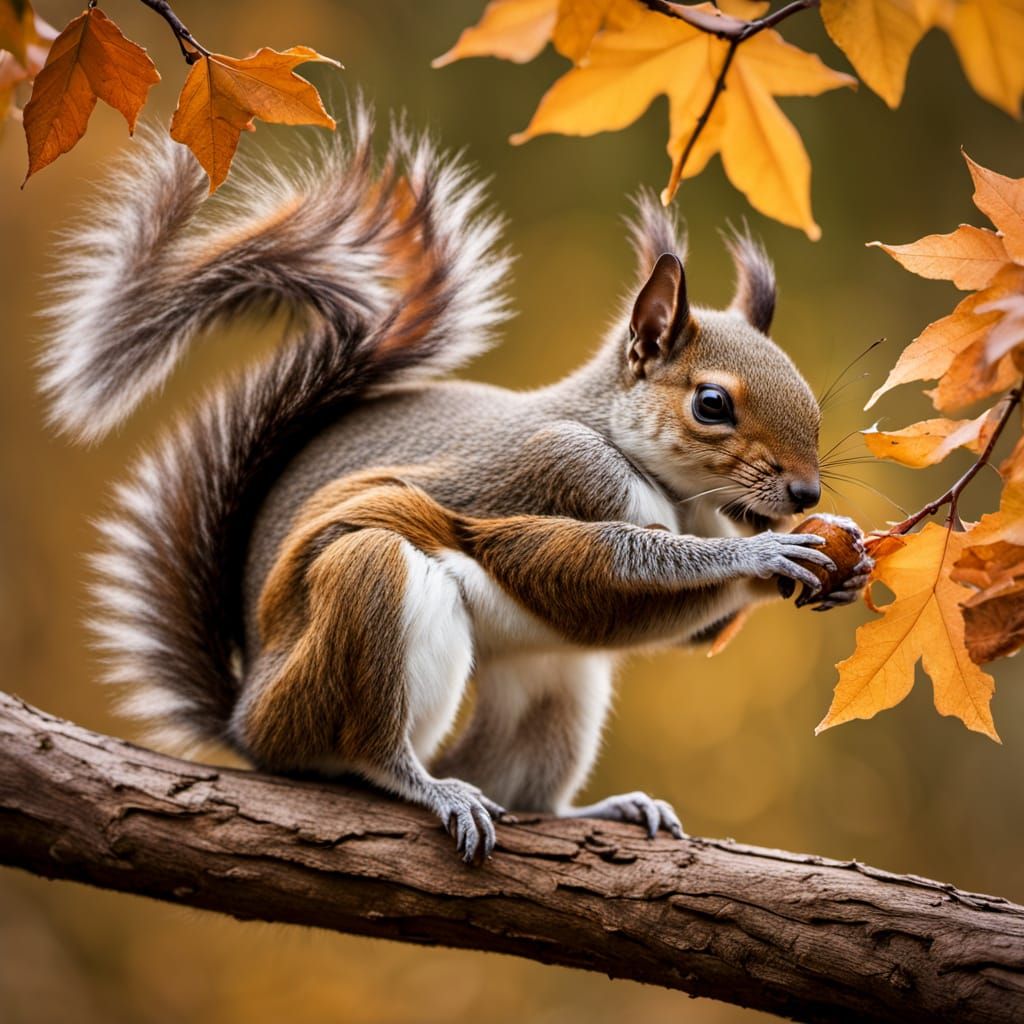 Bushy-Tailed Squirrel Leaps for Walnut in Autumn Landscape
