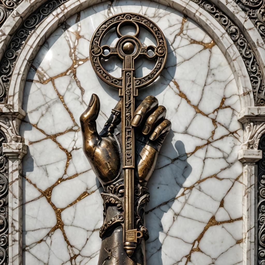 Ancient Bronze Key Held by Marble Statue