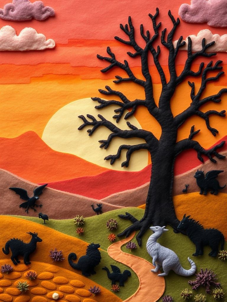 Felt Valley Sunset with Mythical Creatures