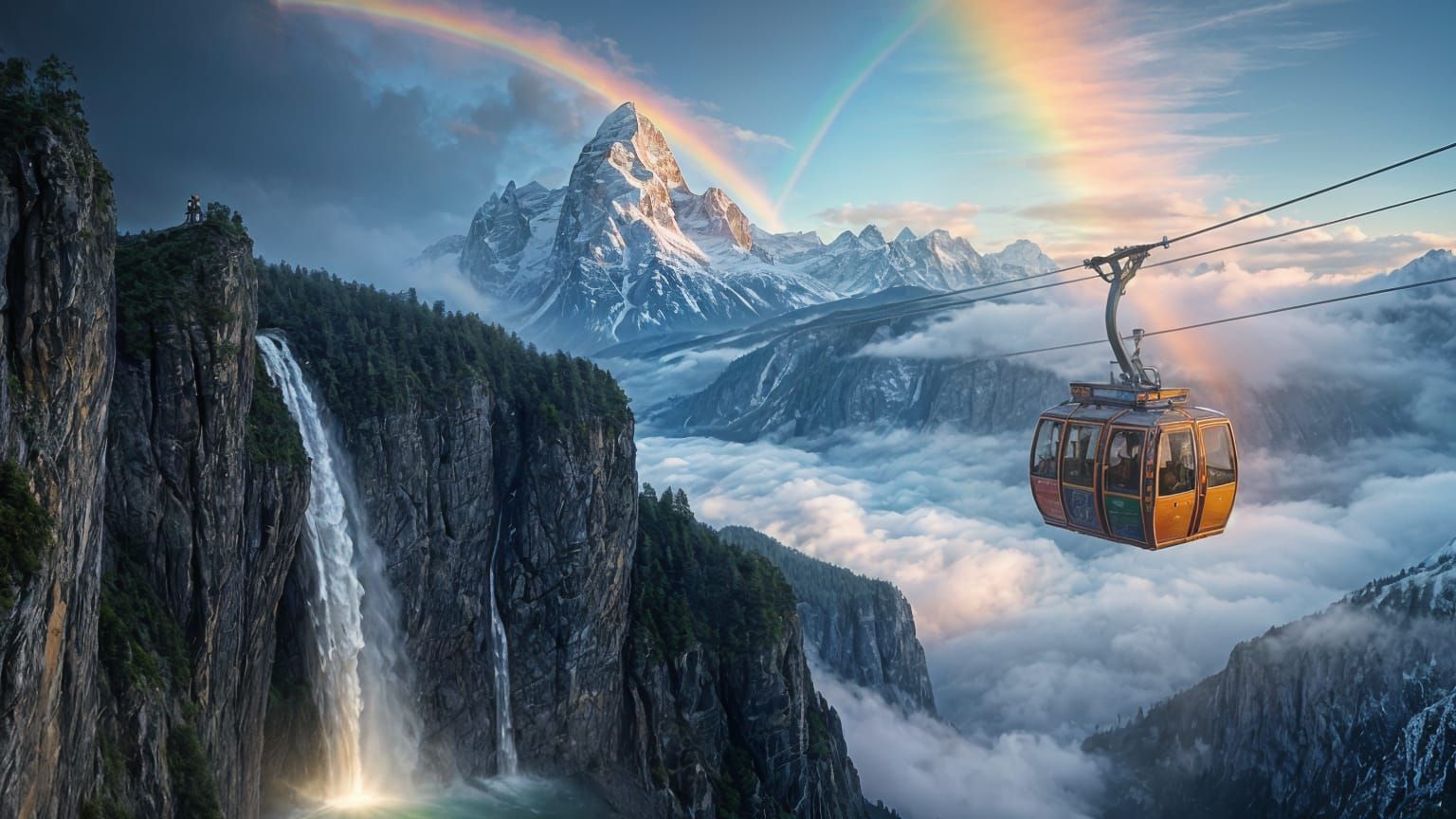 Glowing Cable Car Over Surreal Swiss Alps