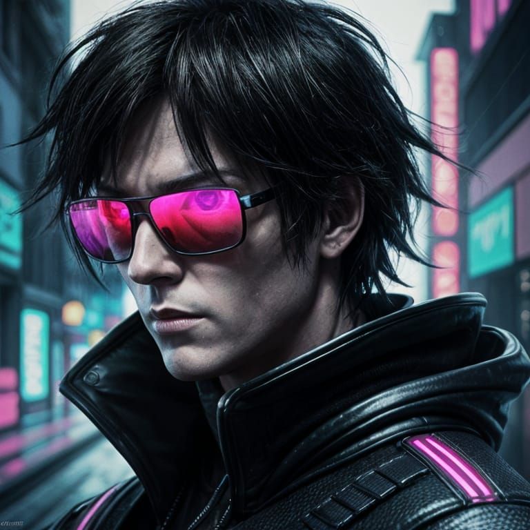 Cyberpunk Man with Sunglasses in Dystopian Setting