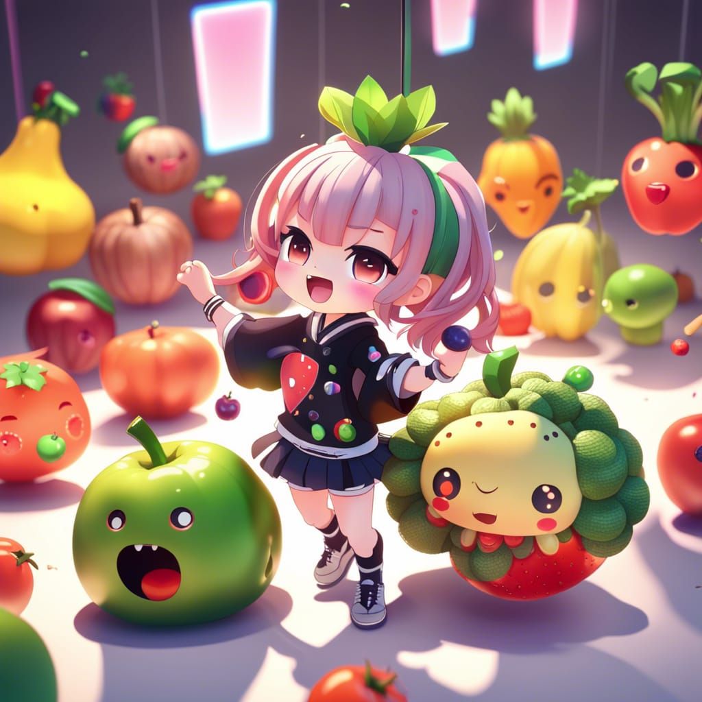 Chibi Fruits and Vegetables Dancing: 3D Anime Art