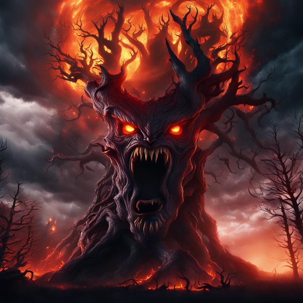 Towering Tree Creature with Glowing Ember Eyes