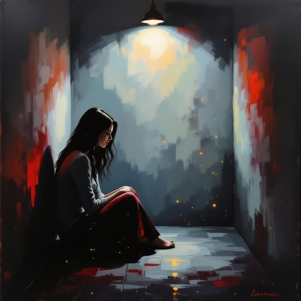 Woman in Confined Room at Night, Expressive Palette Knife St...