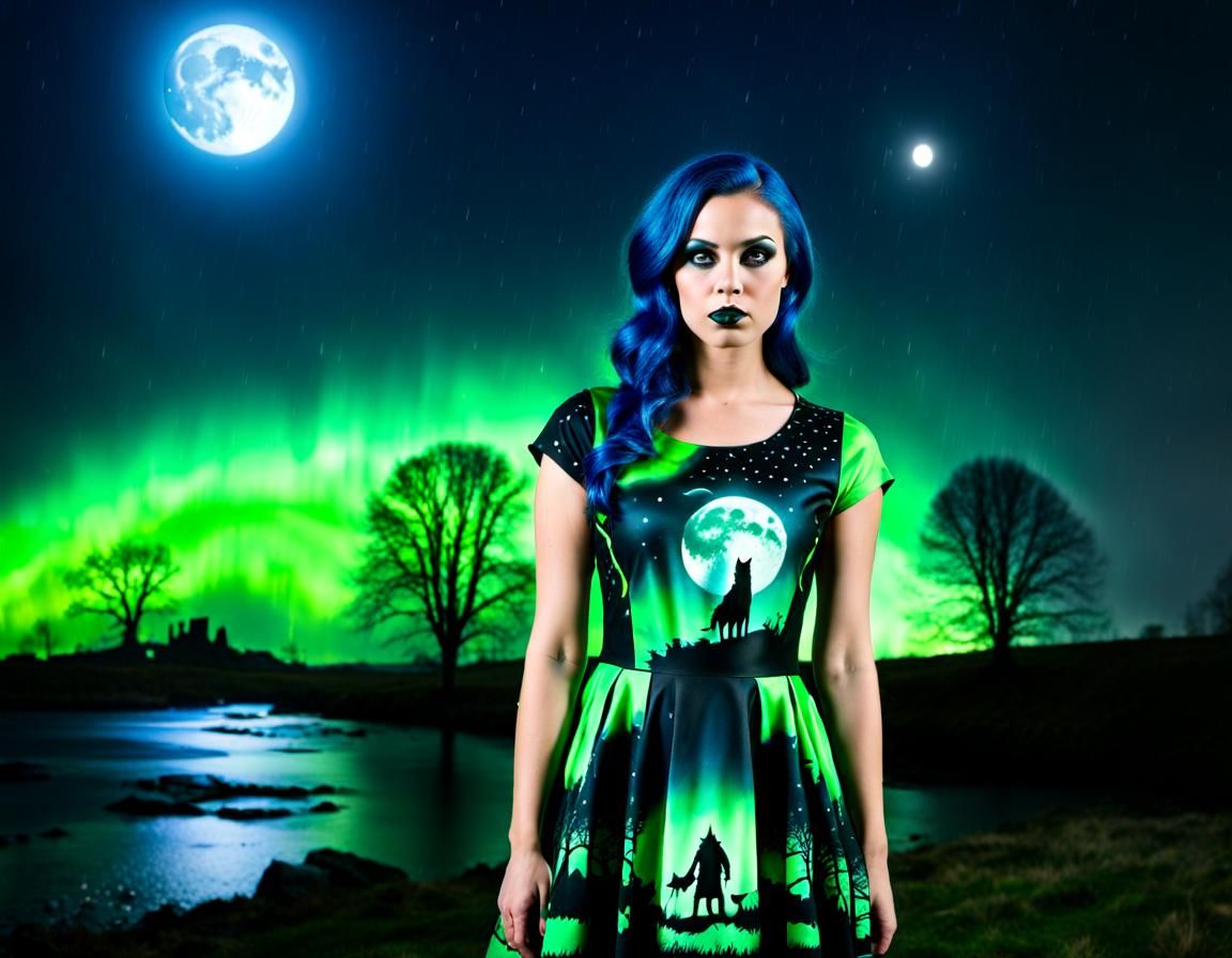 Moonlit Wolf in Unity Dress Under Rain