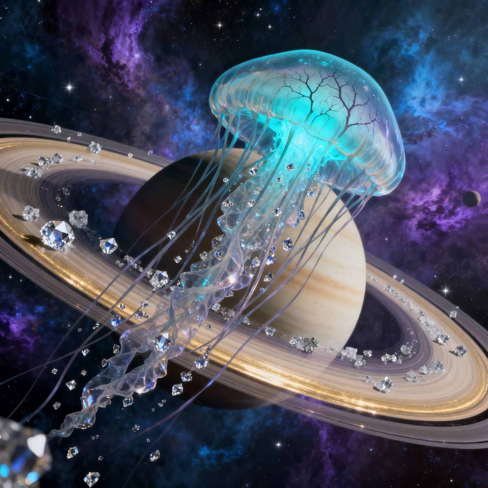 Bioluminescent Jellyfish Navigates Saturn's Rings