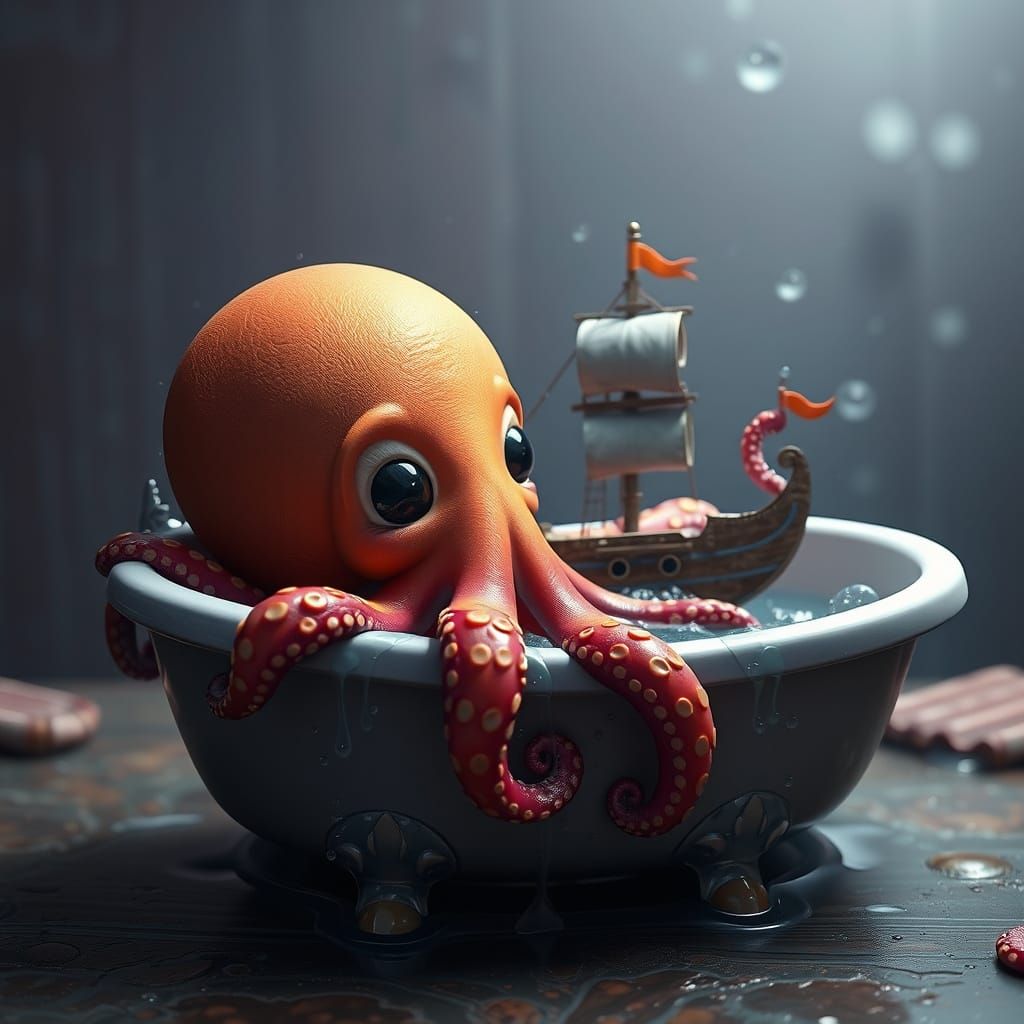 Octopus' Bathtime Adventure: A Detailed Matte Painting